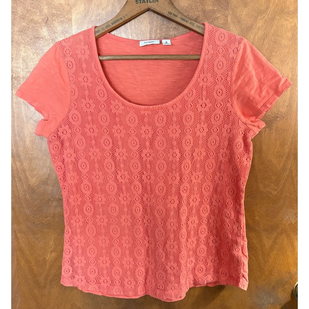 L.L. Bean Orange Coral Floral Crochet Lace Short Sleeve T-Shirt Beachy Boho Mod